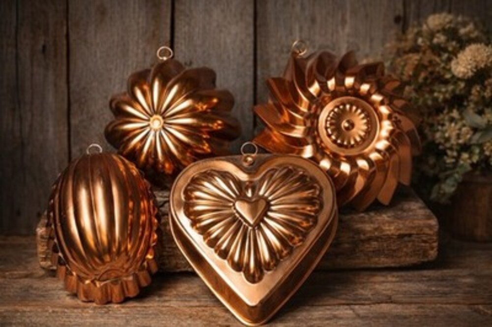 Vintage Copper Jello Molds Set Lot 4 Heart Nautilus Kitchen Wall Decor Farmhouse